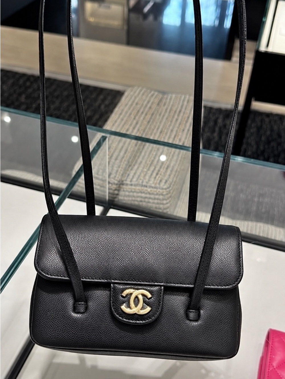 Shiny Caviar Mini Preppy Coco Shoulder Bag black